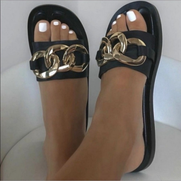 Black Chunky Chain Flat Sandal Slip On Slides Size 10 - Picture 3 of 12